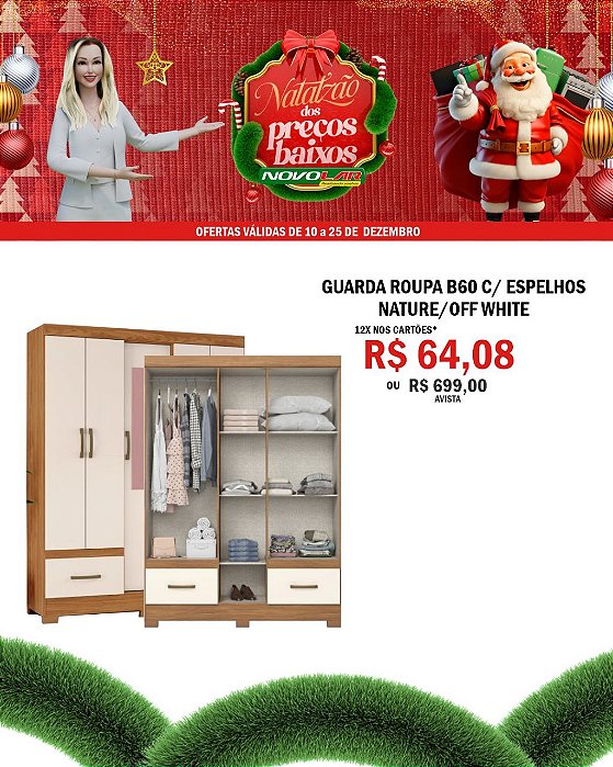 GUARDA ROUPA B60 C/ ESPELHOS NATURE/OFF WHITE