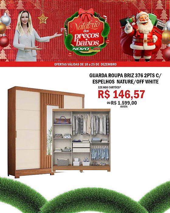 GUARDA ROUPA BRIZ 376 2PTS C/ ESPELHOS NATURE/OFF WHITE