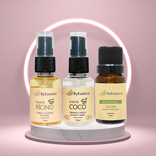 Kit Terapia Capilar Byessence - Óleo Vegetal Coco + Óleo Vegetal Rícino + Óleo Essencial Alecrim