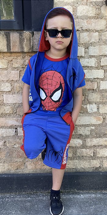 kit Conjunto 3 Peças Infantil Menino Verão Personagem Homem aranha Azul