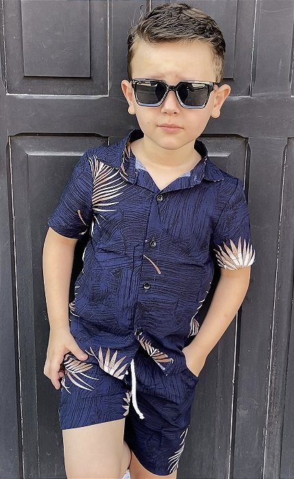 Conjunto Azul Menino Mauricinho Verão Folhas