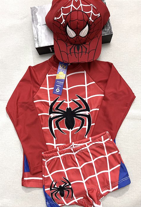 Kit Sunga Infantil + Camisa Proteção UV50 + Boné Praia Verão Homem Aranha