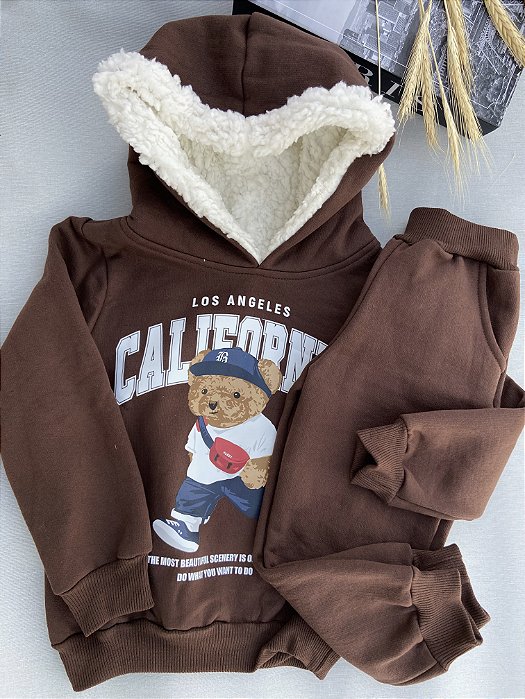 Conjunto Moletom Infantil Urso Marrom com Capuz Forrado