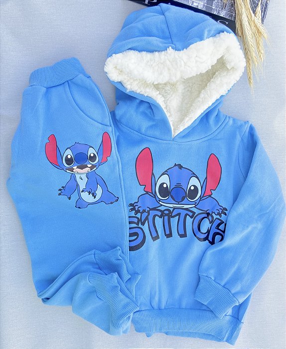 Conjunto Moletom Infantil Stitch Azul com Capuz Forrado