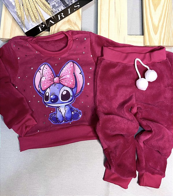 Conjunto Fleece  infantil Inverno Stitch Rosa Peluciado