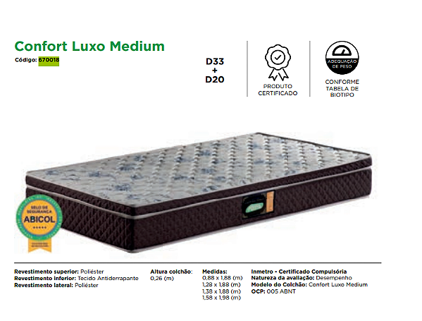 COLCHAO - SOLTEIRO - CONFORT LUXO - 26x88x188 - PORTAL