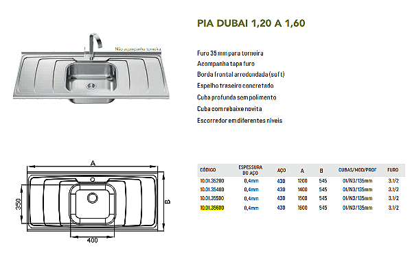 PIA DE COZINHA INOX 1,6M - GHELPLUS CUBA 1600X545 N3-135
