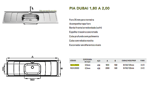 PIA DE COZINHA INOX 1,8M - GHELPLUS CUBA 1800X560 N2-135