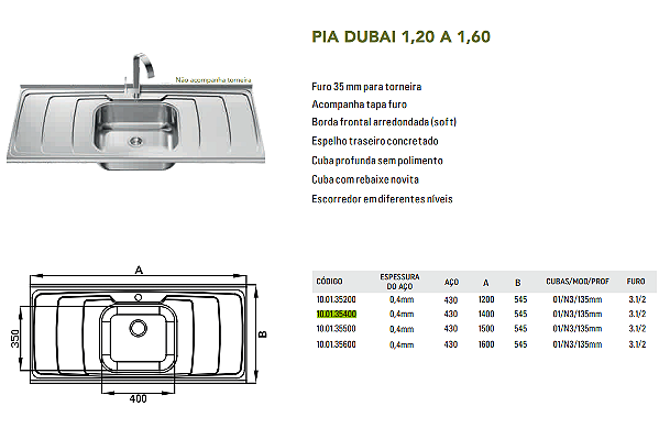 PIA DE COZINHA INOX 1,4M - GHELPLUS CUBA 1400X545