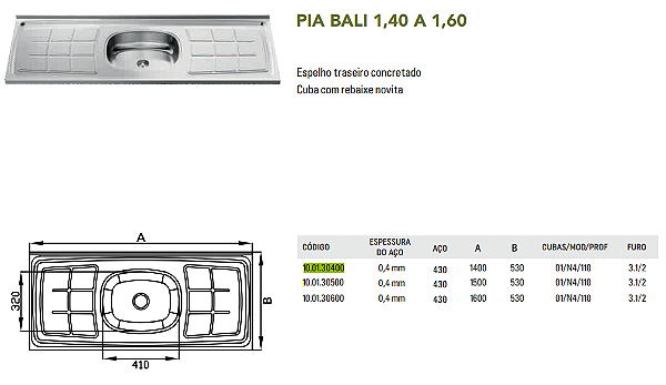 PIA DE COZINHA INOX 1,4M - GHELPLUS