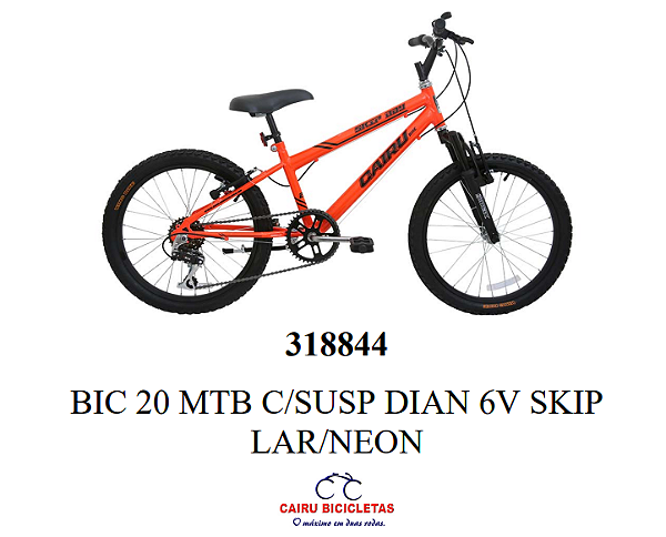 BICICLETA CAIRU 20 MTB C/ SUSP DIANT 6V SKIP LARANJA NEON