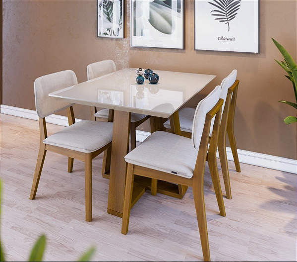 MESA BENNETT 4 CADEIRAS OLIVE - 1.15 C/ VIDRO NATURAL/OFF-WHITE - PROVINCIA