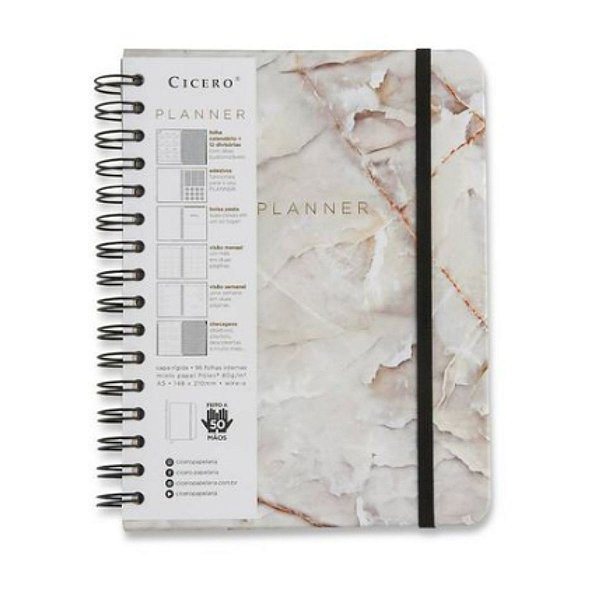 Planner Mármore Branco Cicero Wire-O Semanal/Mensal 14,8x21