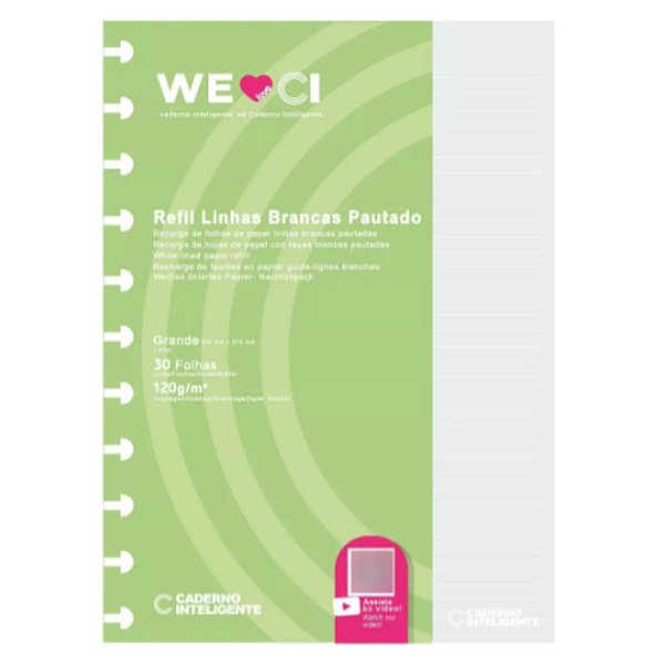 Refil Caderno Inteligente Pautado Linhas Brancas Grande 120g