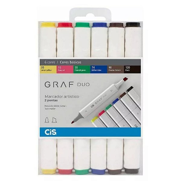 Marcador Artístico Cores Básicas 2 Pontas c/ 6 Unidades CiS