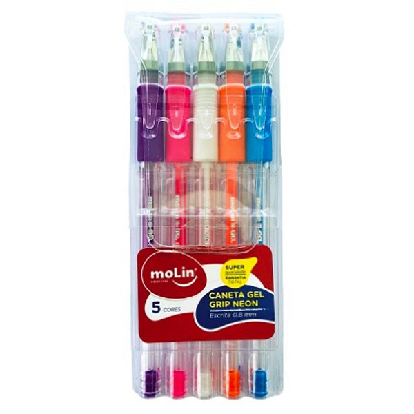 Caneta Gel Grip Neon Estojo com 5 Cores - Molin