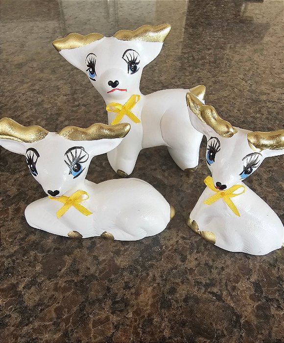TRIO DE RENA MINI BRANCA COM DOURADO DECORAÇAO DE NATAL