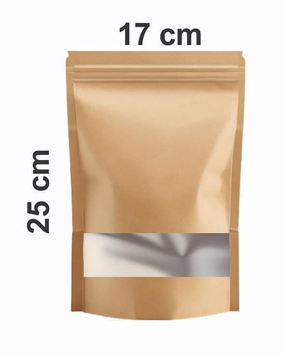 Saco Stand Up Pouch Kraft com Visor Transparente 17x25