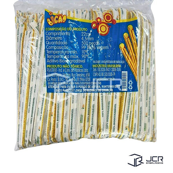Canudos Plásticos Sachê Suco Biodegradável com 500 Unid Bicão