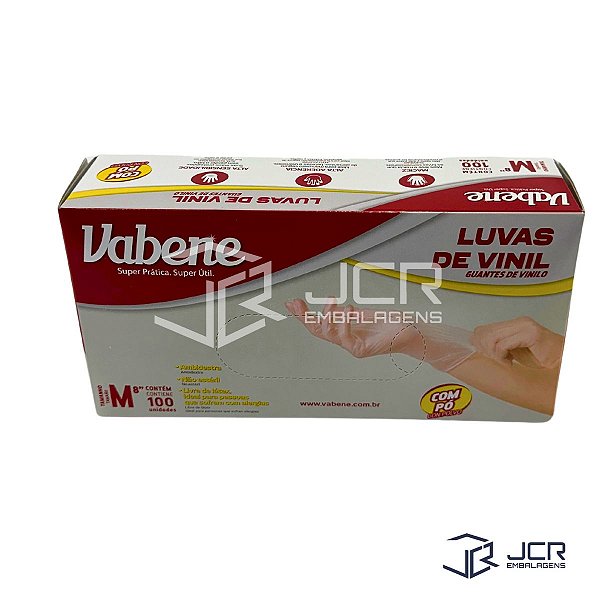 Luvas Vinil Sem Pó Transparente M ou G com 100 Unidades Vabene