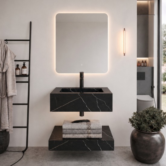 Kit Gabinete de Banheiro em Porcelanato Polido com Espelho LED Londres