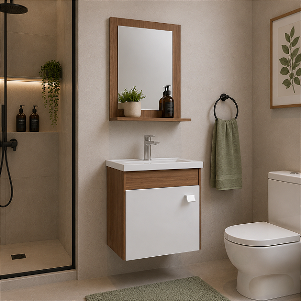 Armário Iris 44cm Amêndoa/Branco com Espelho MGM