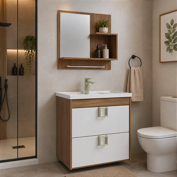 Armário Kit Lírio 59cm Amendoa/Branco com Espelheira MGM