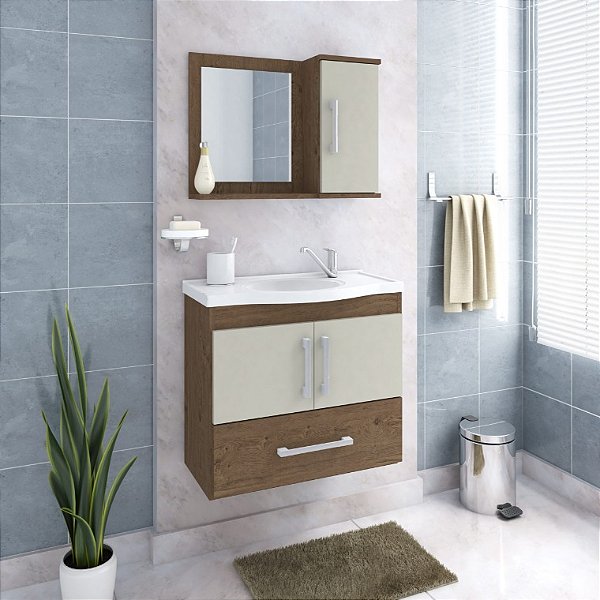 Armário Kit Atenas 65cm Amendoa/Off White com Espelheira MGM