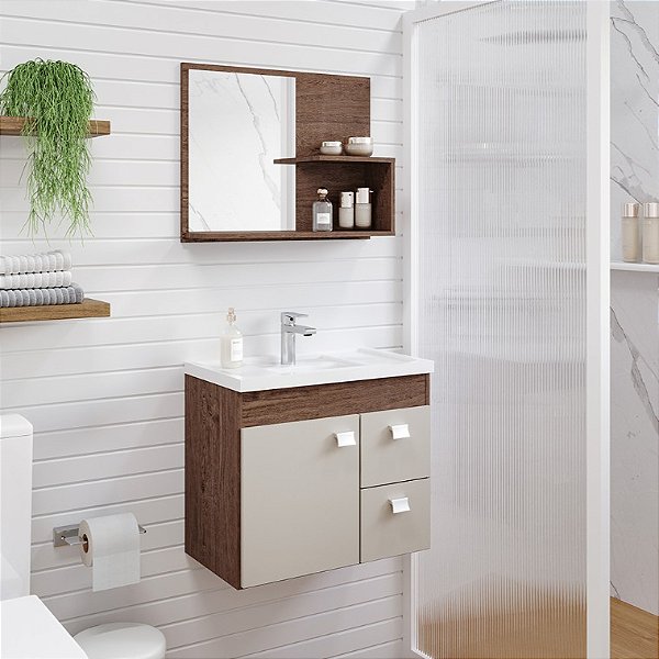 Armário Kit Hortência 55cm Amendoa/Off White com Espelheira MGM