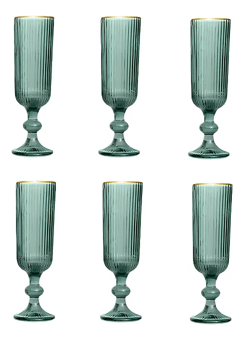 Jogo 6 Taças Champanhe Cameratta Verde Borda Dourada 160ml
