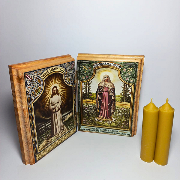 Kit Díptico Nossa Senhora das Lágrimas + 2 Velas