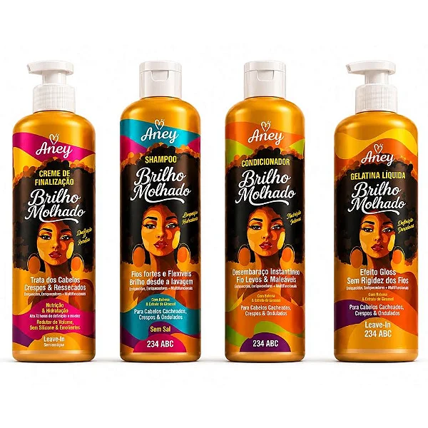Kit Cachos Perfeitos - Linha Aney Brilho Molhado - 4 Produtos - para Crespos, Cacheados, Ondulados e Transição