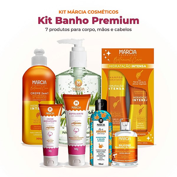Kit Banho Premium Márcia: Sabonete Líquido, Esfoliante, Hidratante e Cuidados Capilares