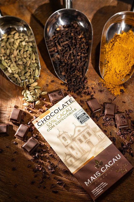 Chocolate 55% cacau com especiarias.