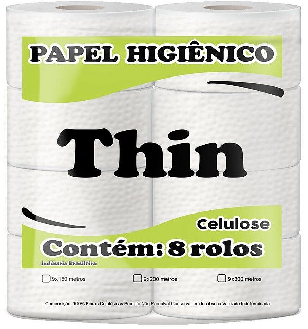 Papel Higiênico Folha Simples - Thin 9 X 200 - Celulose - com 8 unidades