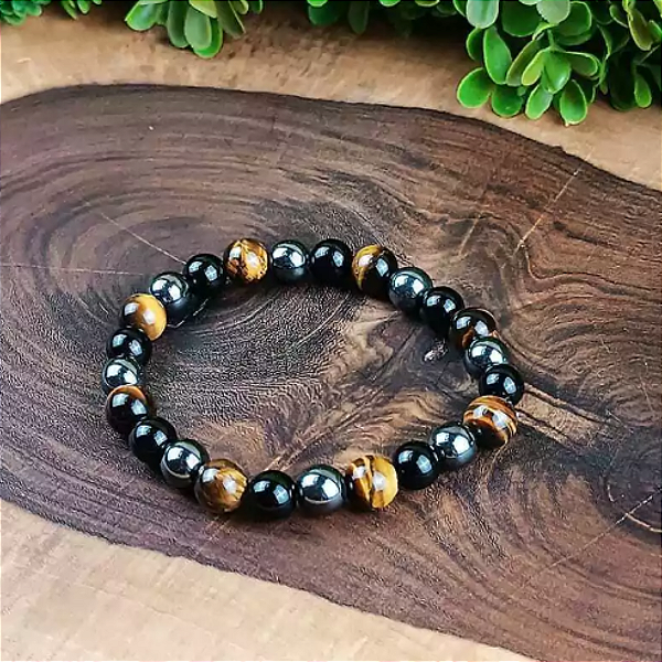 Pulseira esfera Tripla Proteção - Olho de Tigre, Ônix e Hematita