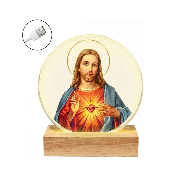 Luminária Sagrado Coração 12cm Base Madeira