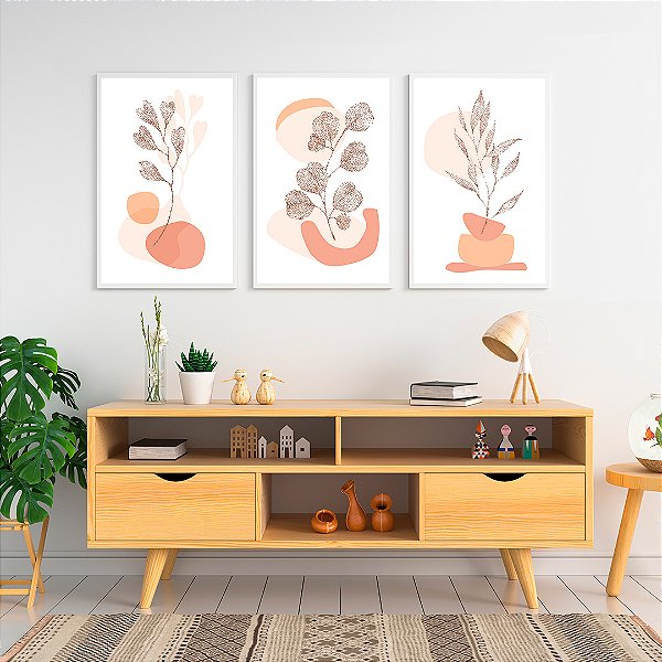 Conjunto com 3 Quadros FineArt Aquarela Abstrata Botânica com Formas Neutras