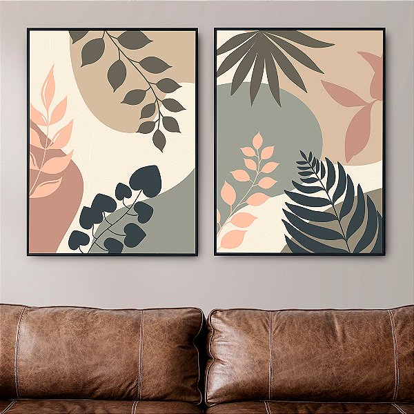 Conjunto com 2 Quadros FineArt Abstrata com formas Botânica