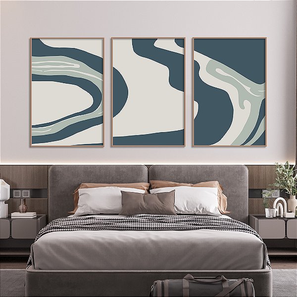 Conjunto com 3 quadros FineArt Abstrato com Formas em Tons Azuis