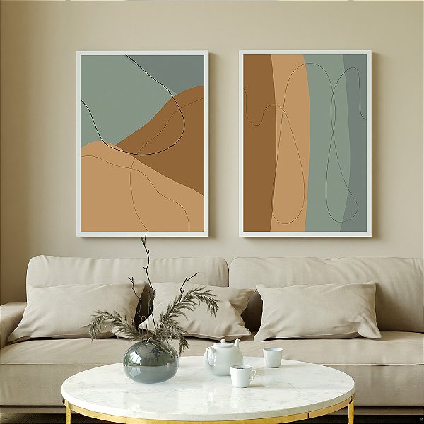 Conjunto com 2 quadros FineArt Abstrato com Formas Orgânicas e Linha de Pincel em Aquarela