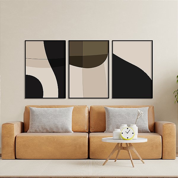 Conjunto com 3 quadros FineArt Abstrato com Formas Orgânicas em Cores Neutras