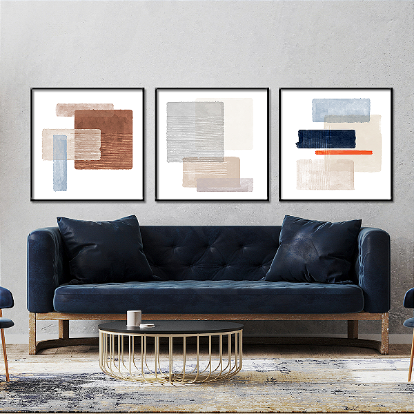Conjunto com 3 quadros FineArt Abstrato Moderno com Quadrados