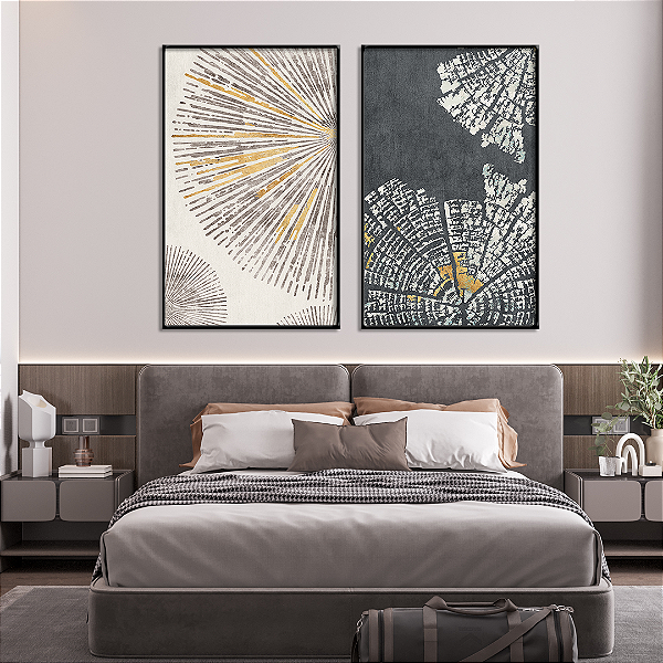 Conjunto com 2 quadros FineArt Abstrato com Formas Circular em dourado