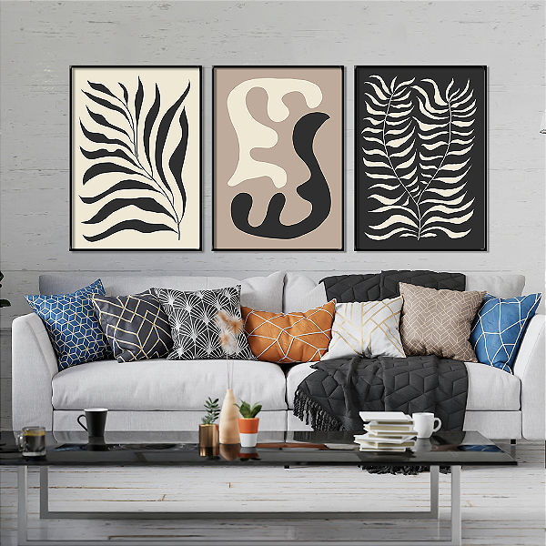 Conjunto com 3 quadros FineArt Abstrato com Linhas Orgânicas Inspirados em Matisse