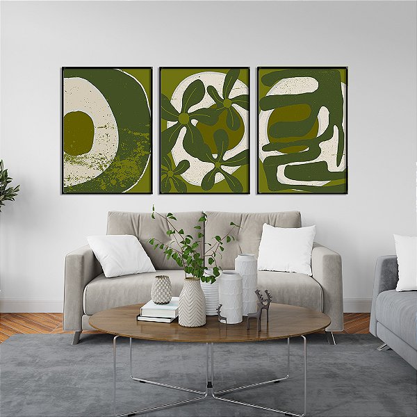 Conjunto com 3 quadros FineArt Abstrato com Formas Orgânicas e Flores na Cor Verde