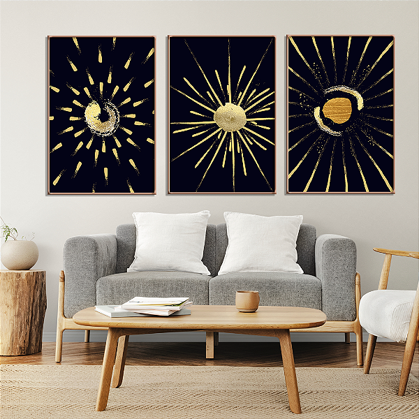 Conjunto com 3 quadros FineArt Abstrato com Formato de Sol