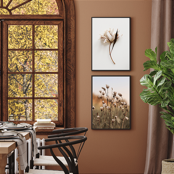 Conjunto com 2 Quadros FineArt Flor Lírio e Dente de Leão Seco