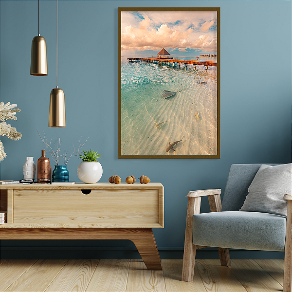 Quadro FineArt Pôr do Sol com Arraias e Tubarões nas Ilhas Maldivas
