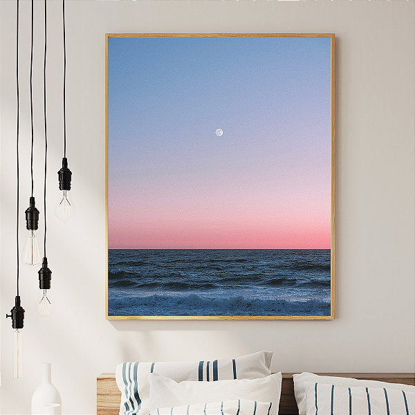 Quadro FineArt Pôr do Sol no Oceano com Lua Cheia
